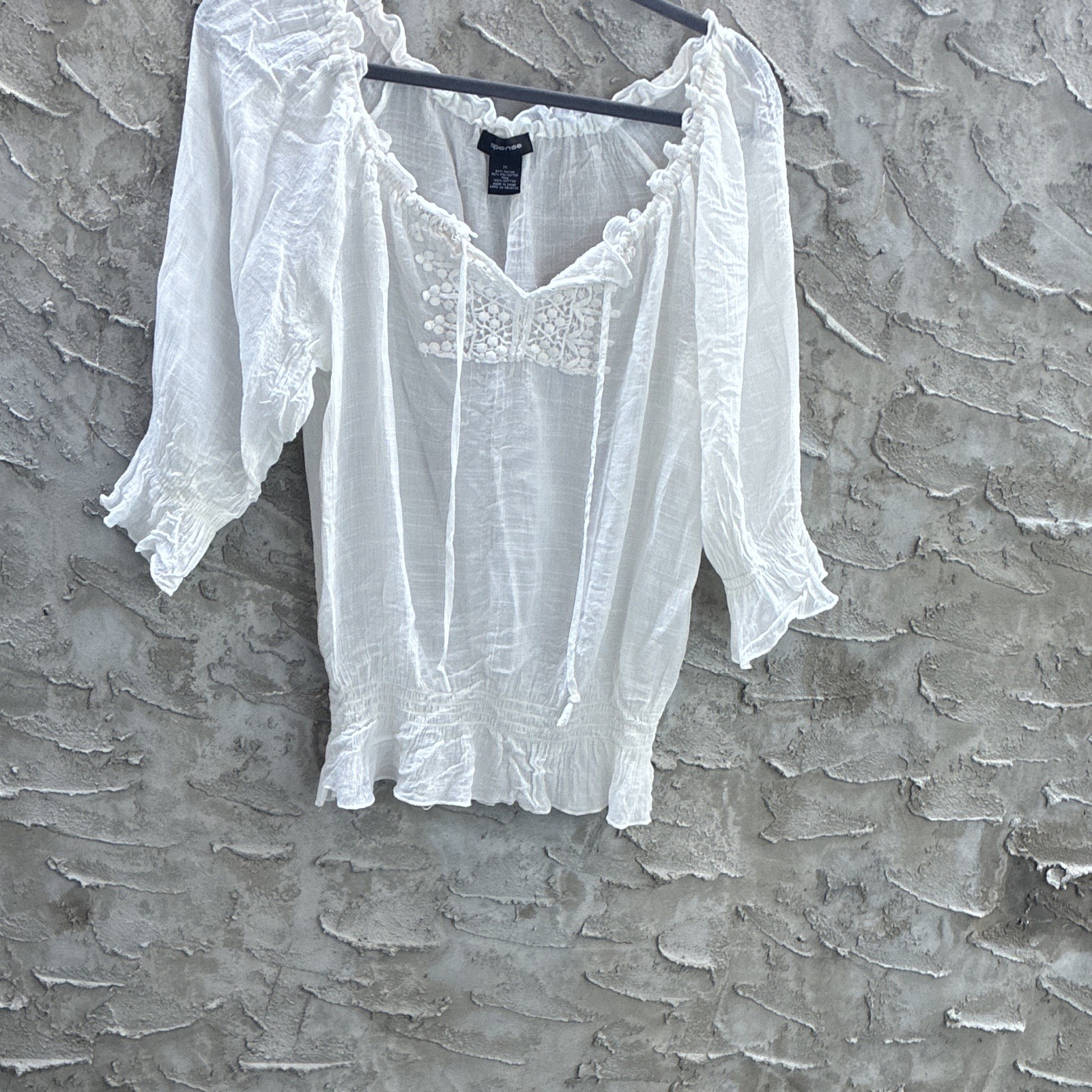 Romantic Pense White Off-Shoulder Solid Lace Ruffle Blouse Woven 3/4 Sleeve M