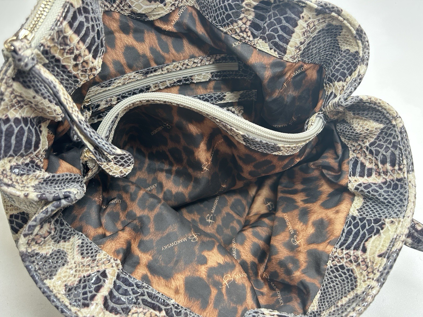 B Makowsky Large Snake Python Embossed Leather Slouchy Shoulder Bag
