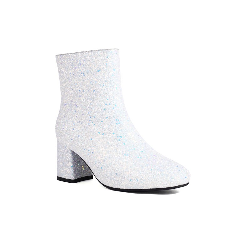 Women’s Sequin Glitter Block Heels Side Zip Ankle Short Gold Boots Party Shoes