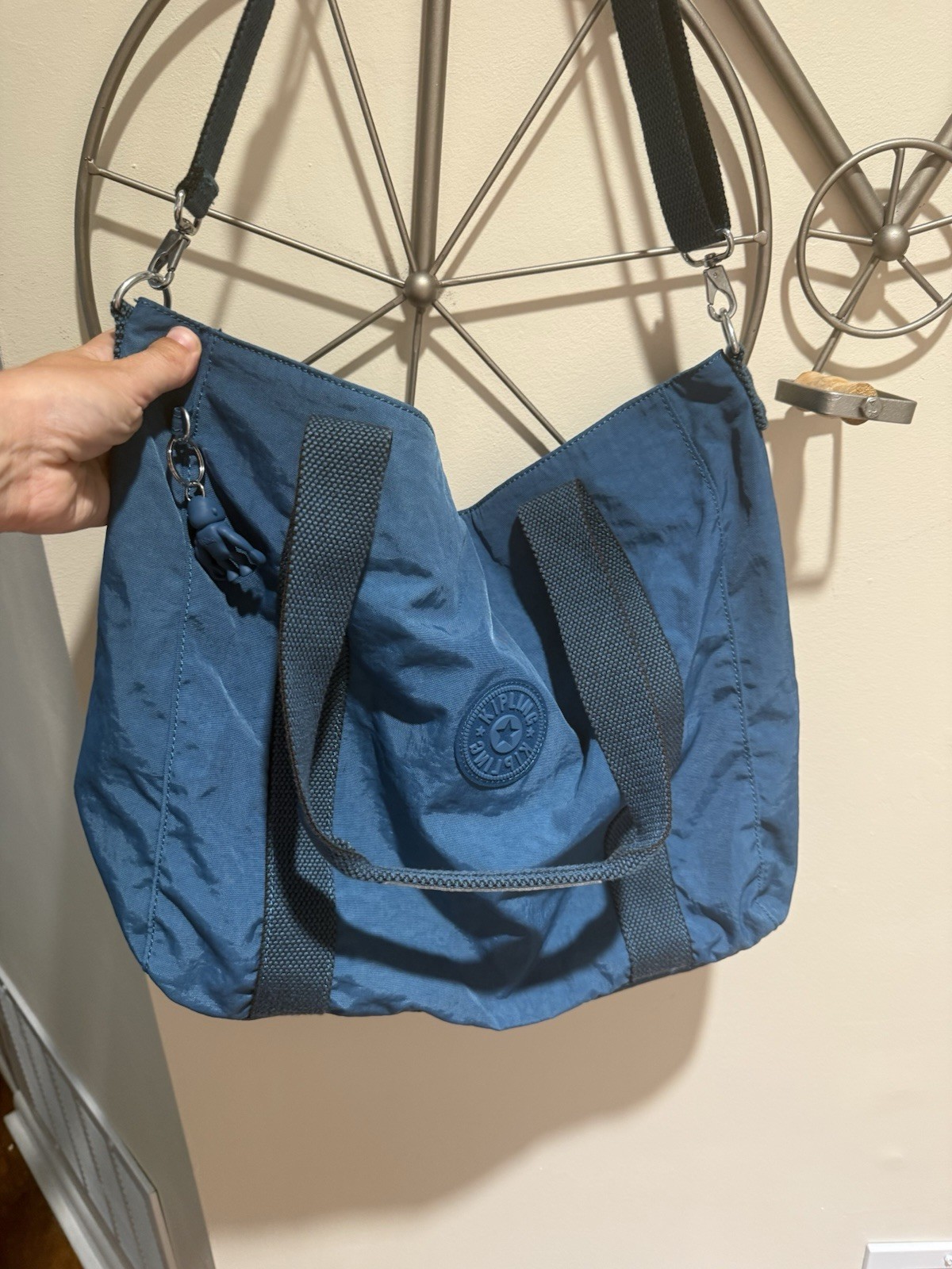 Kipling Asseni Blue Crinkle Nylon Tote Bag Crossbody Purse Rubber Monkey Fob