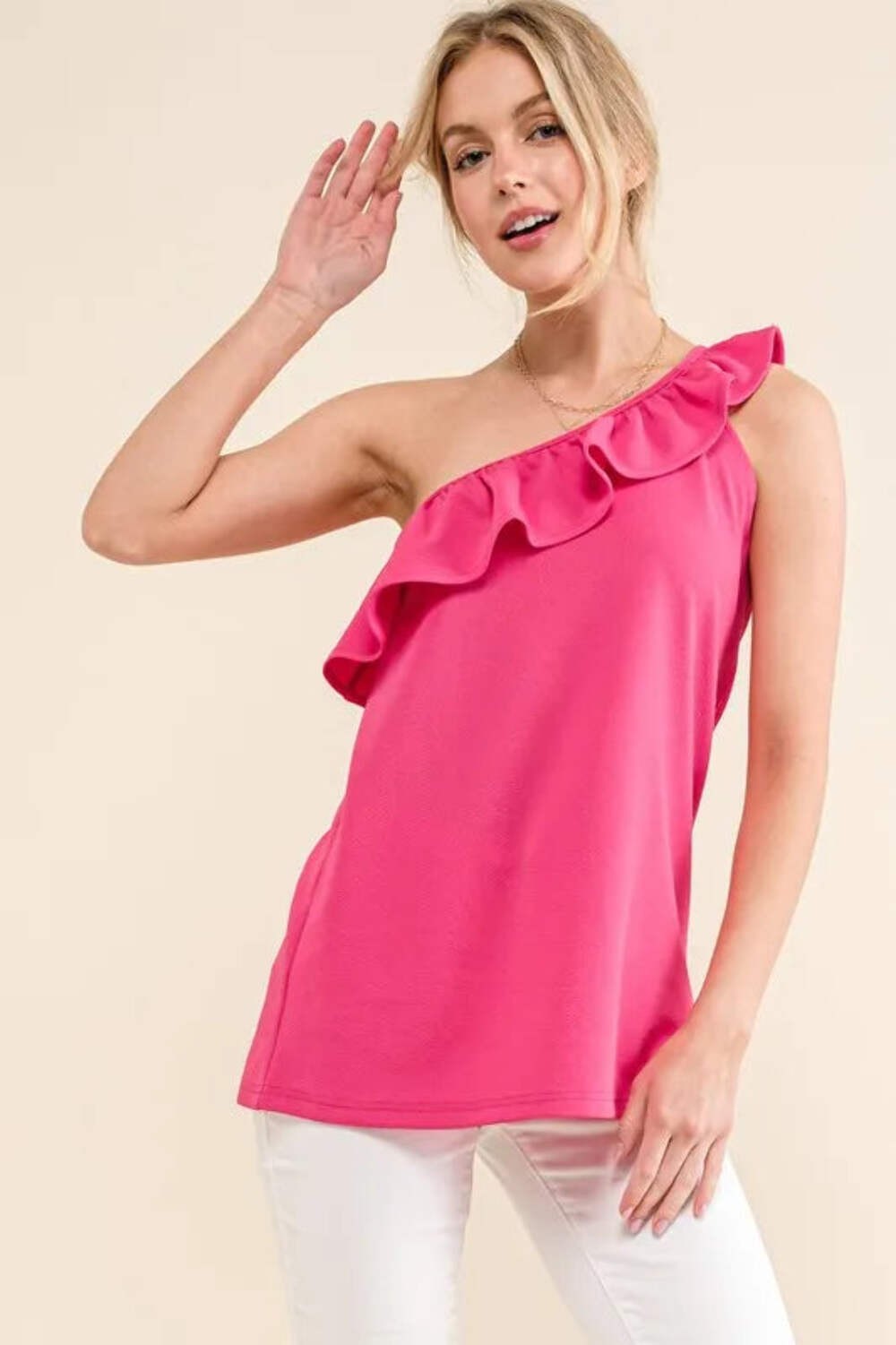 And The Why Hot Pink Ruffle One Shoulder Sleeveless Tank Top