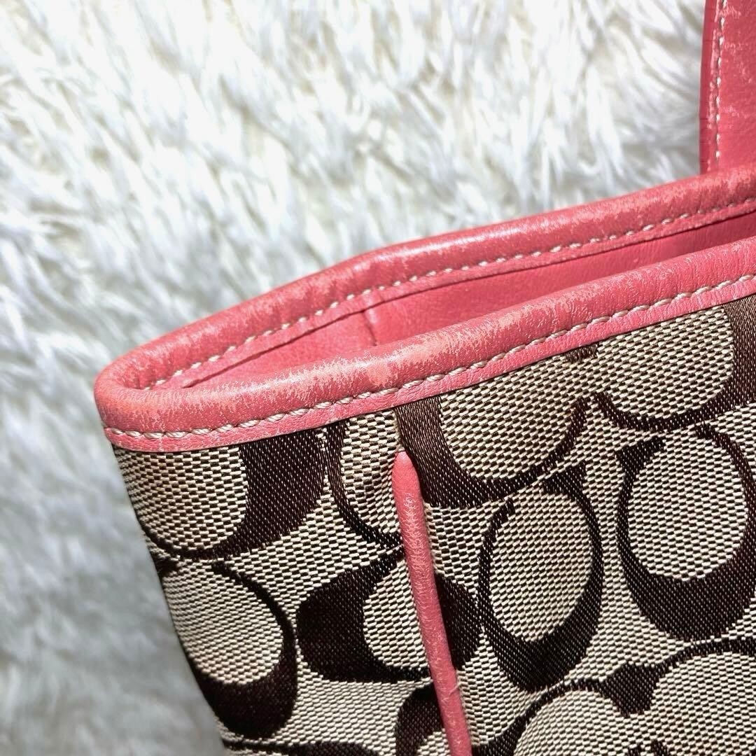 COACH Pink Brown Canvas Leather Tote Bag Logo Inner Pockets 11.8×12.6 in