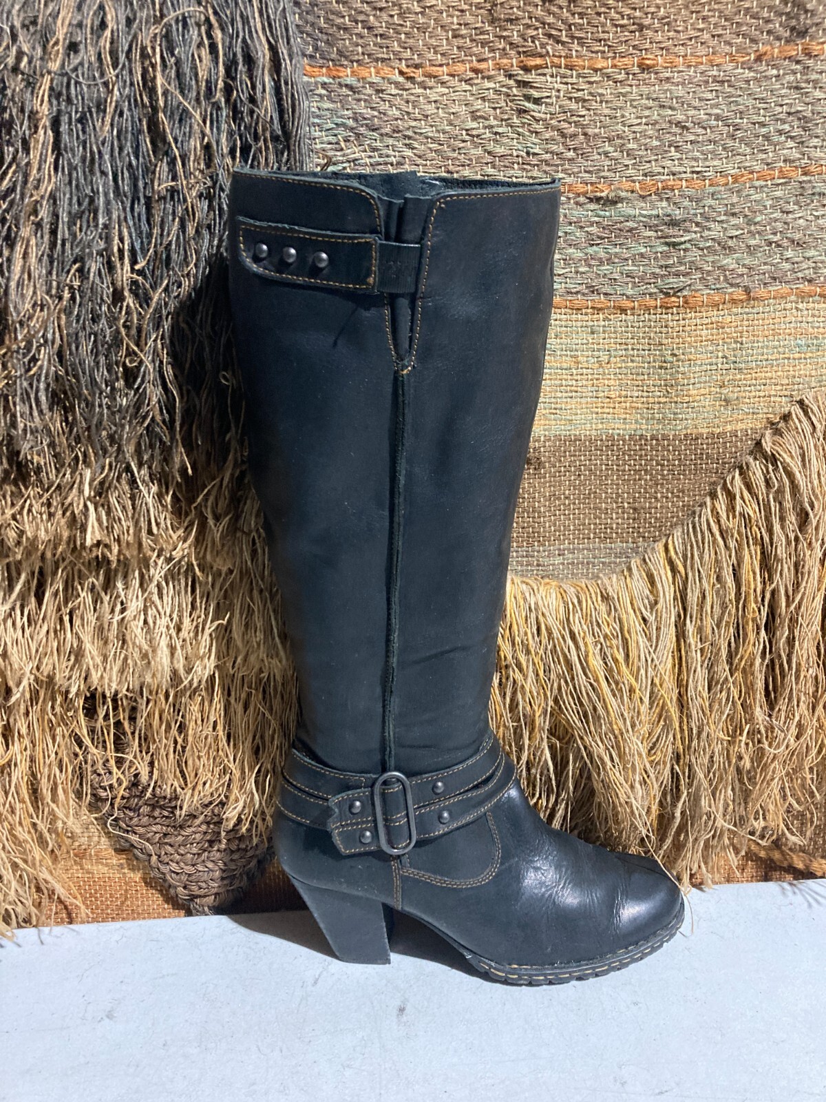 Born Womens 7.5M/W Leather Tall Boots Black Buckle Strap