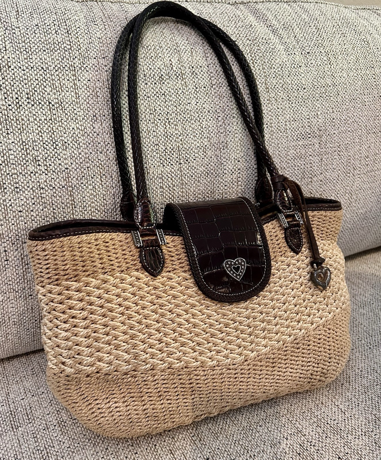 Brighton Savannah Elegant Brown & Tan Woven Handbag With Braided Leather Straps