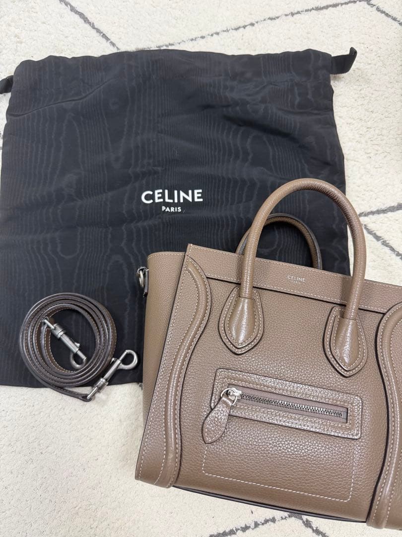 CELINE Luggage Nano Leather Handbag 2Way Shoulder Bag Souris Gray Women’s