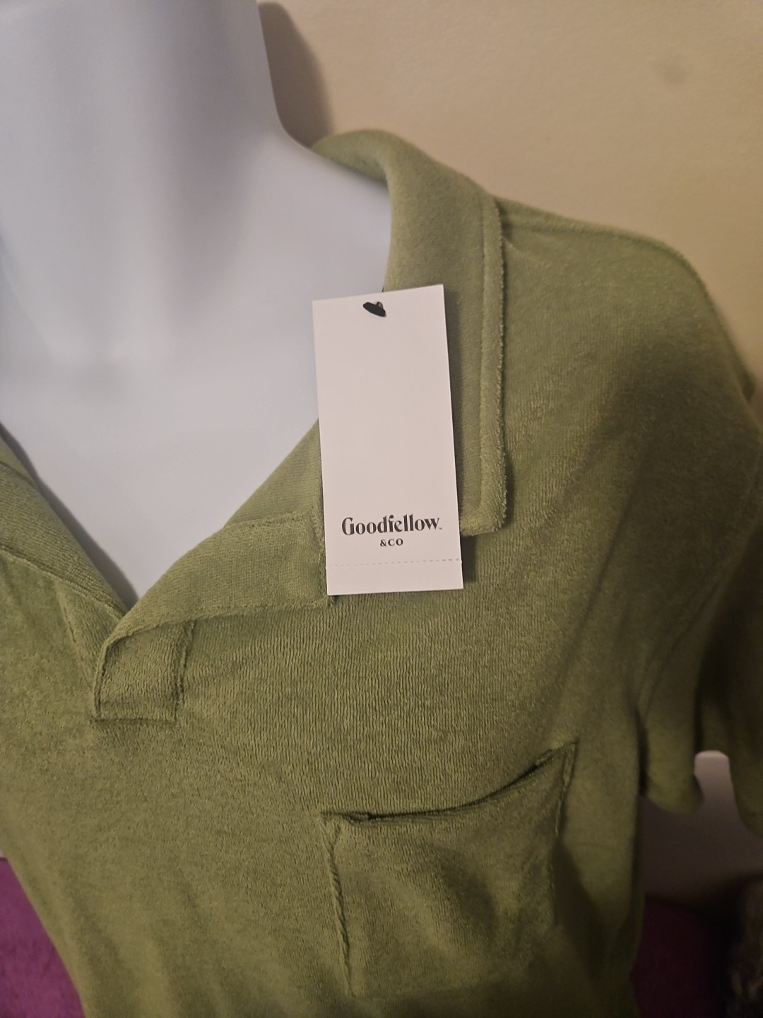 Nwt Goodfellow& Co Shortsleeve Vneck ,Collared , Size L Lime Green Terry Cloth