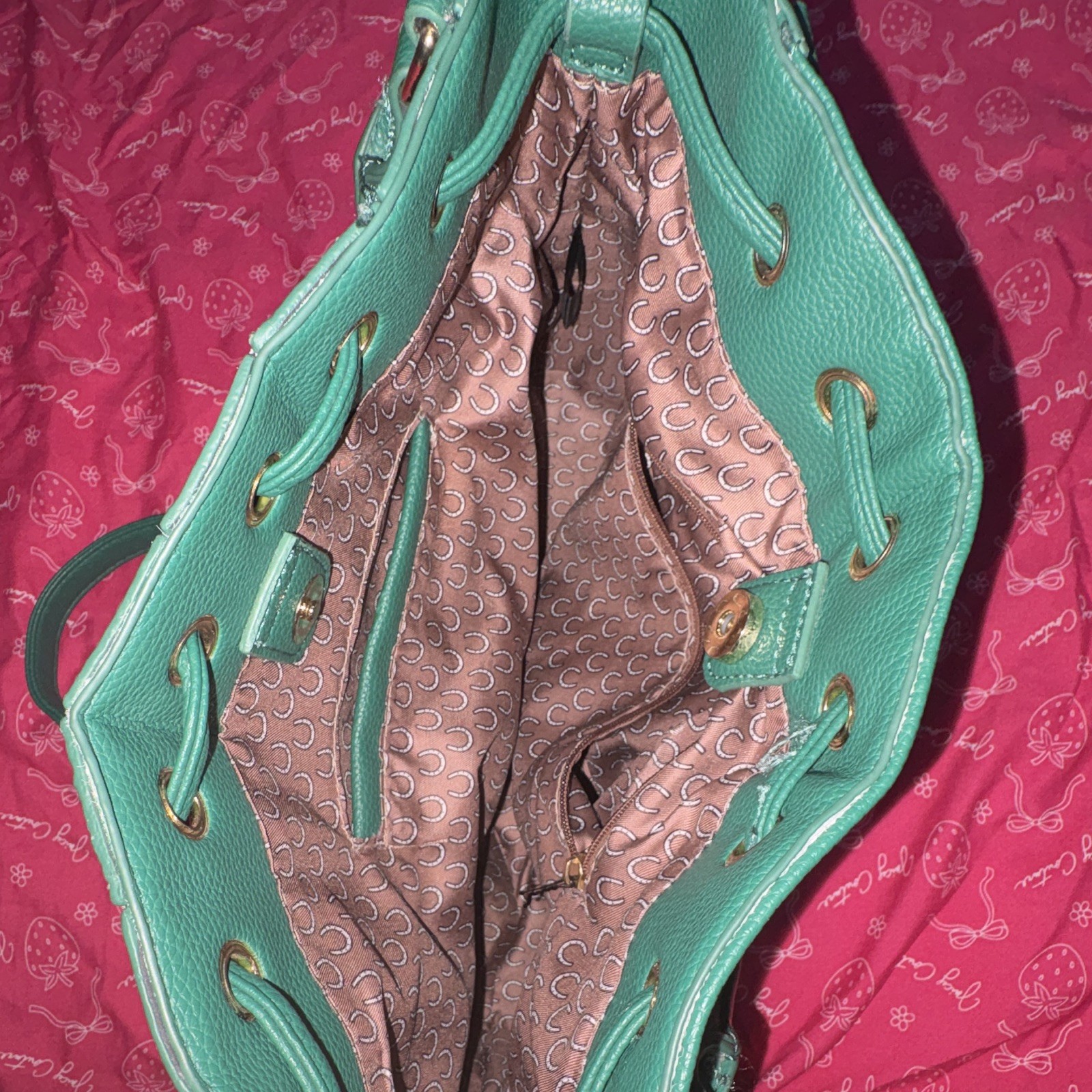 Green Animal Print Satchel Top Handle Detachable Strap Drawstring Snap Grommet