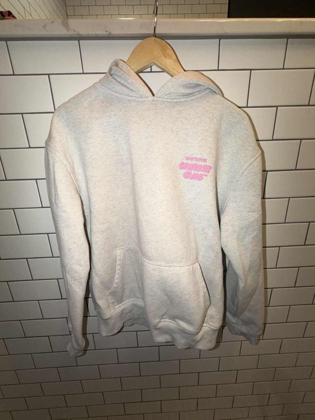 White Fox Comfort Club Oversized Hoodie in White Mist with Pink Logo