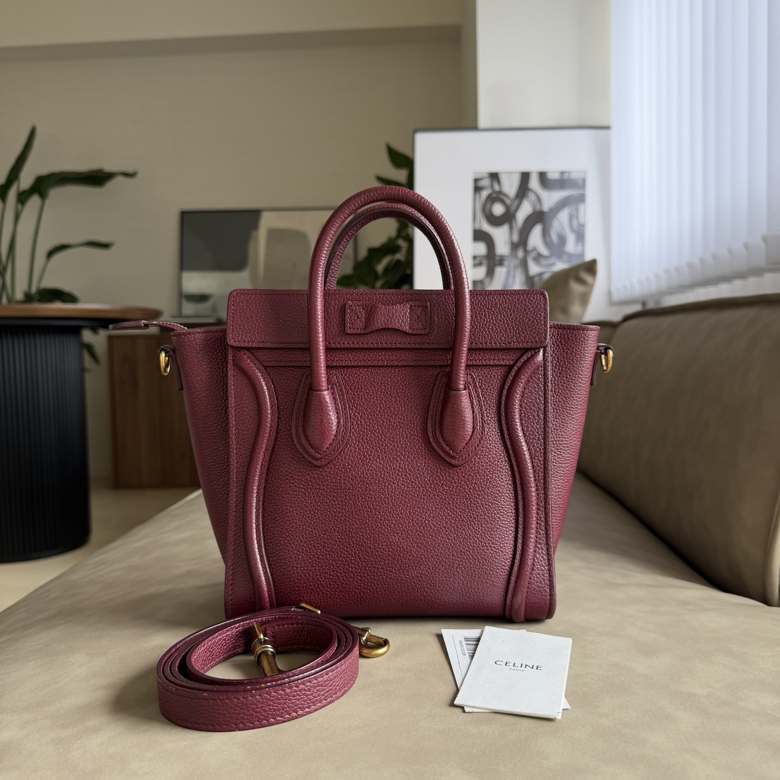 CELINE Luggage Nano Shopper Drummed Calfskin Leather Bordeaux Shoulder Bag 2WAY