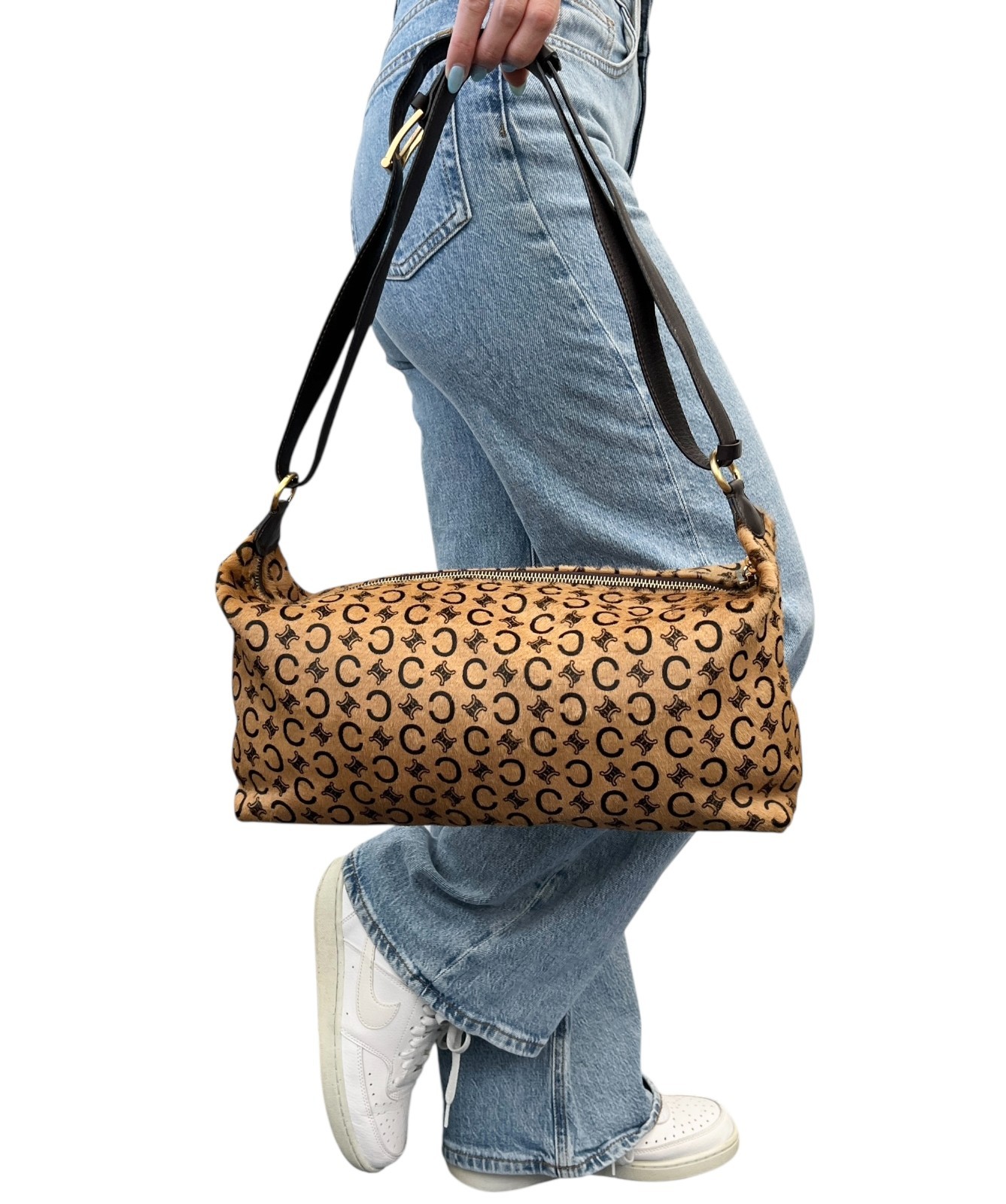 CELINE Vintage C Macadam Logo Pony Calf Hair 2way Shoulder Bag Beige Brown