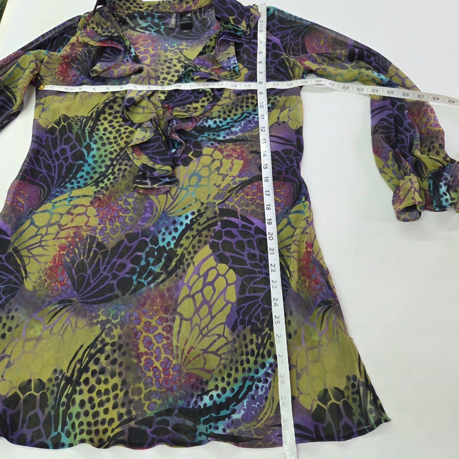 Bisou Bisou Tunic Blouse Womens S Purple Green Sheer Mesh Ruffle Butterfly Print