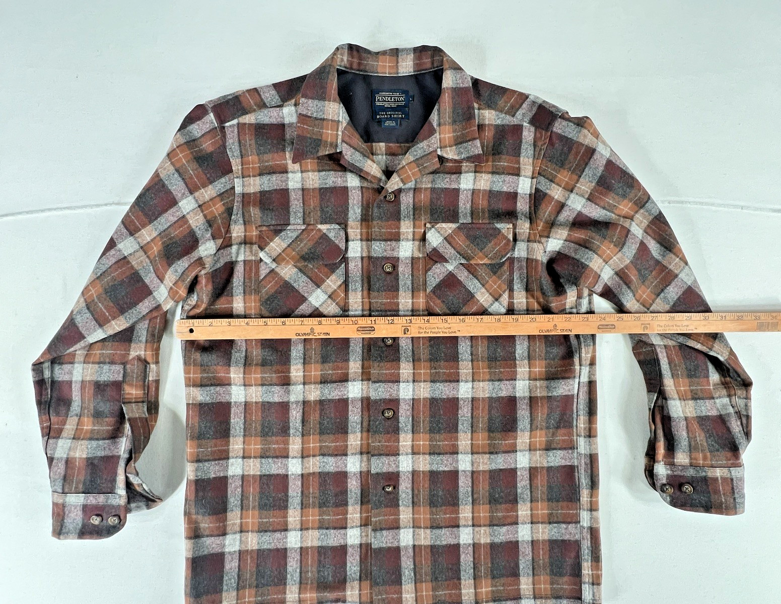 Pendleton Board Shirt Mens (L) Brown Orange Surf Plaid Virgin Wool LS Pockets
