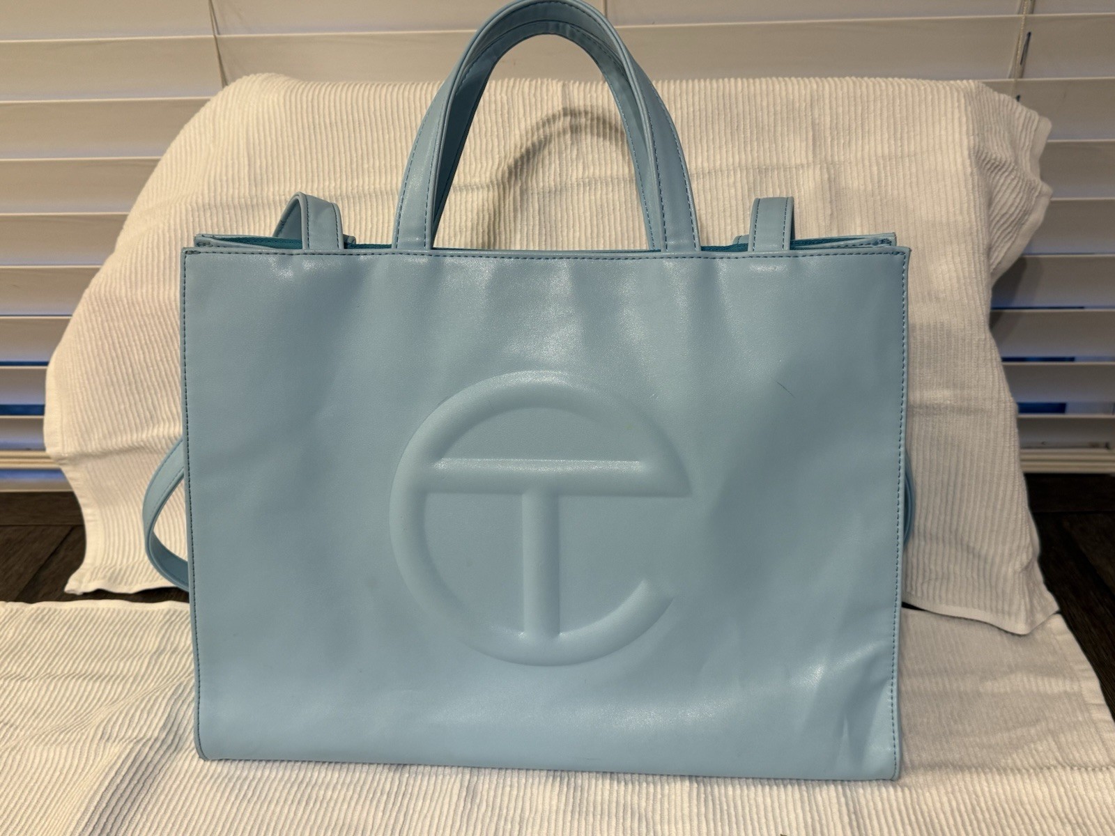Telfar Large Light Blue Tote Bag Logo Accent Crossbody Strap Inner Pockets