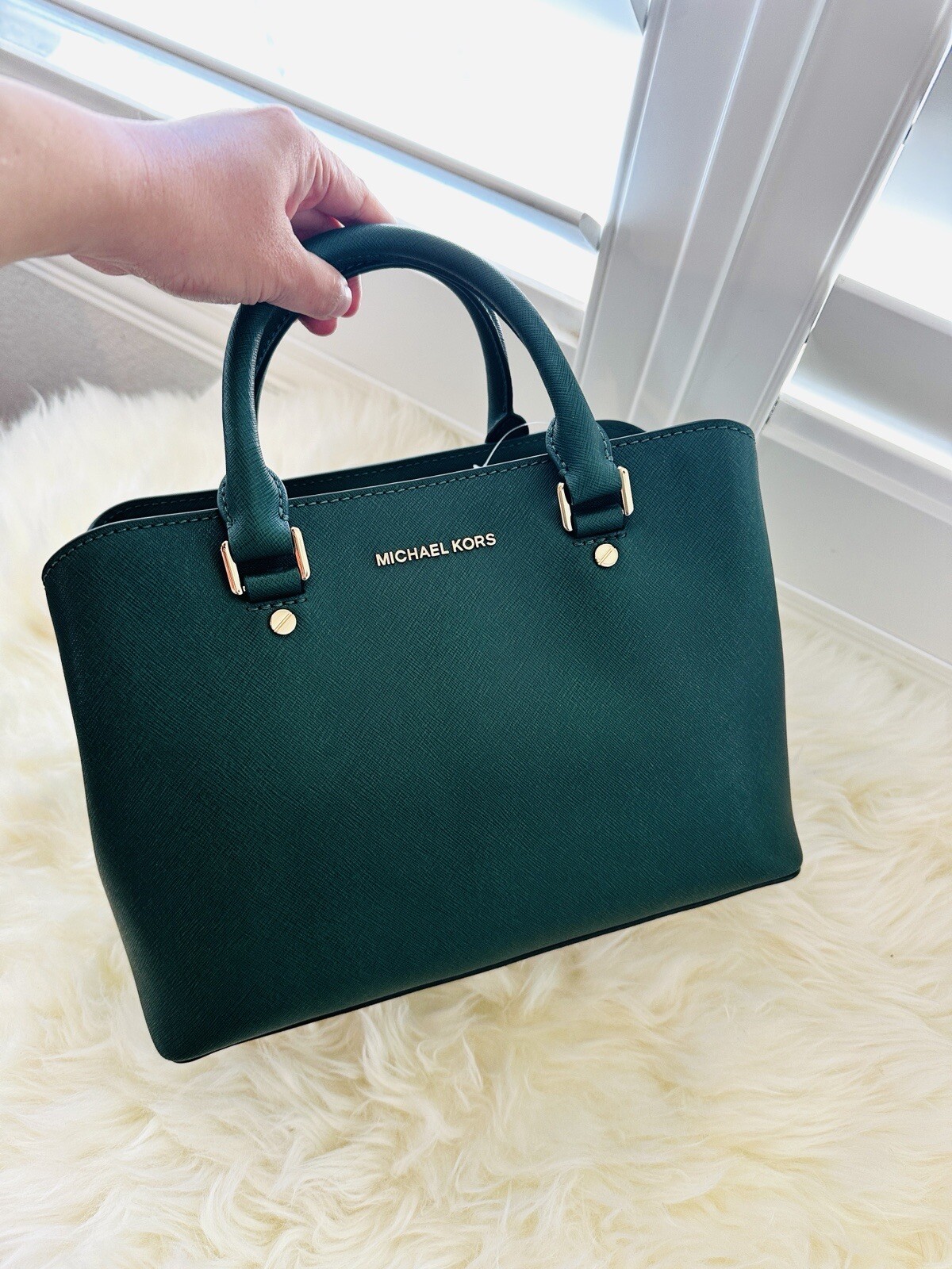 NWT MICHAEL KORS SAVANNAH Medium Satchel Moss Green Saffianno Leather $348