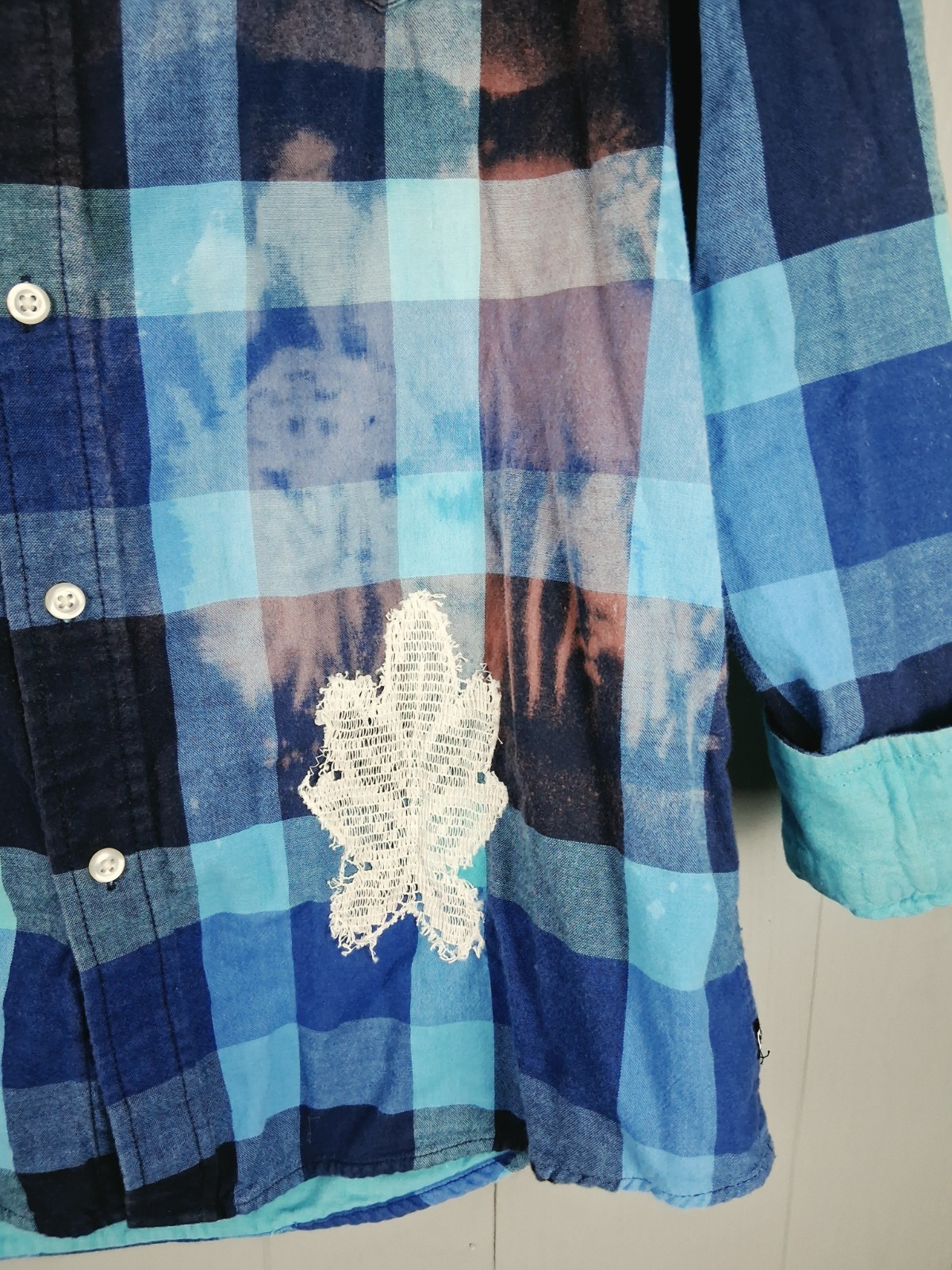 Upcycled Flannel Shirt Shacket Womens M Bleached Mushrooms Lace Crochet Cottage