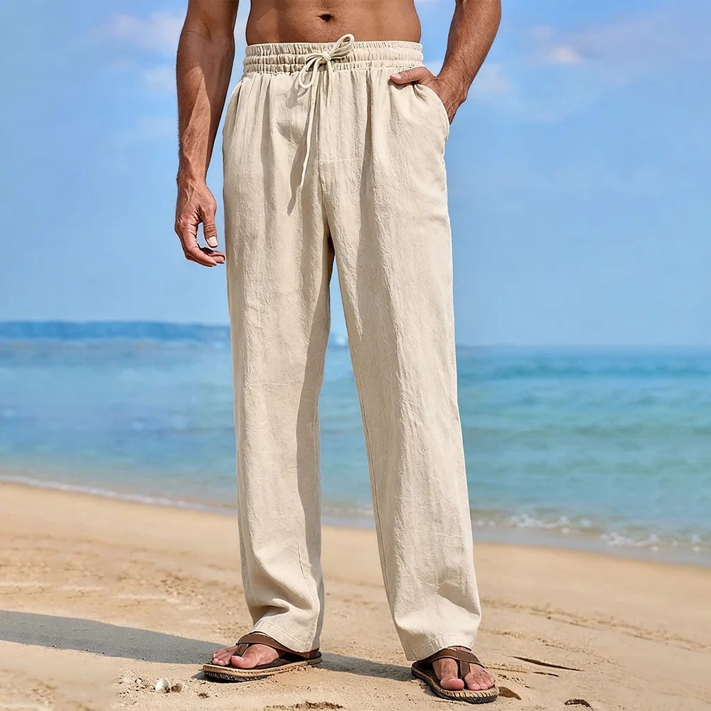 Mens Cotton Linen Loose Pants Casual Drawstring Beach Yoga Baggy Long Trousers