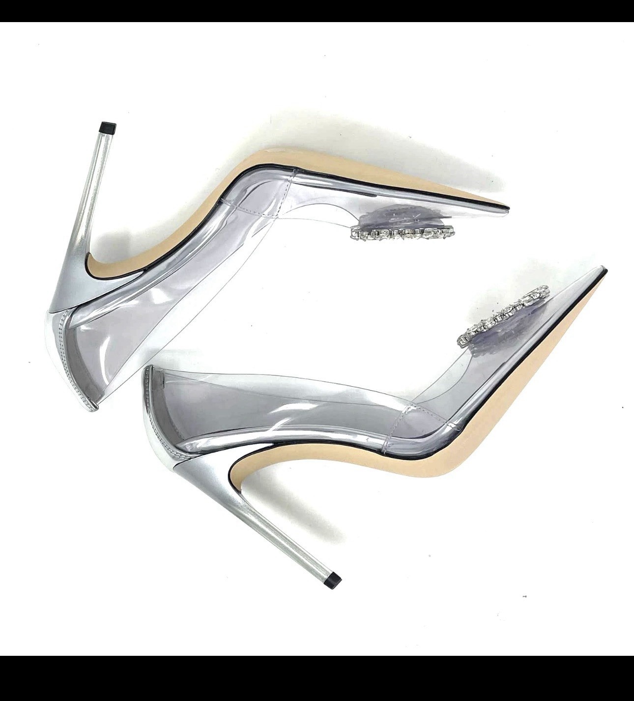 Good American Silver/Clear Leather Rhinestone Pointed Toe Stiletto Pumps 8
