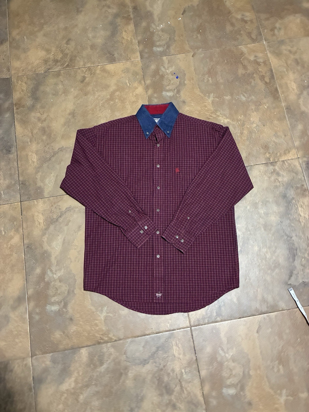 Wrangler PBR Professional Bull Riding Western Button Up Shirt Plaid Beige Red
