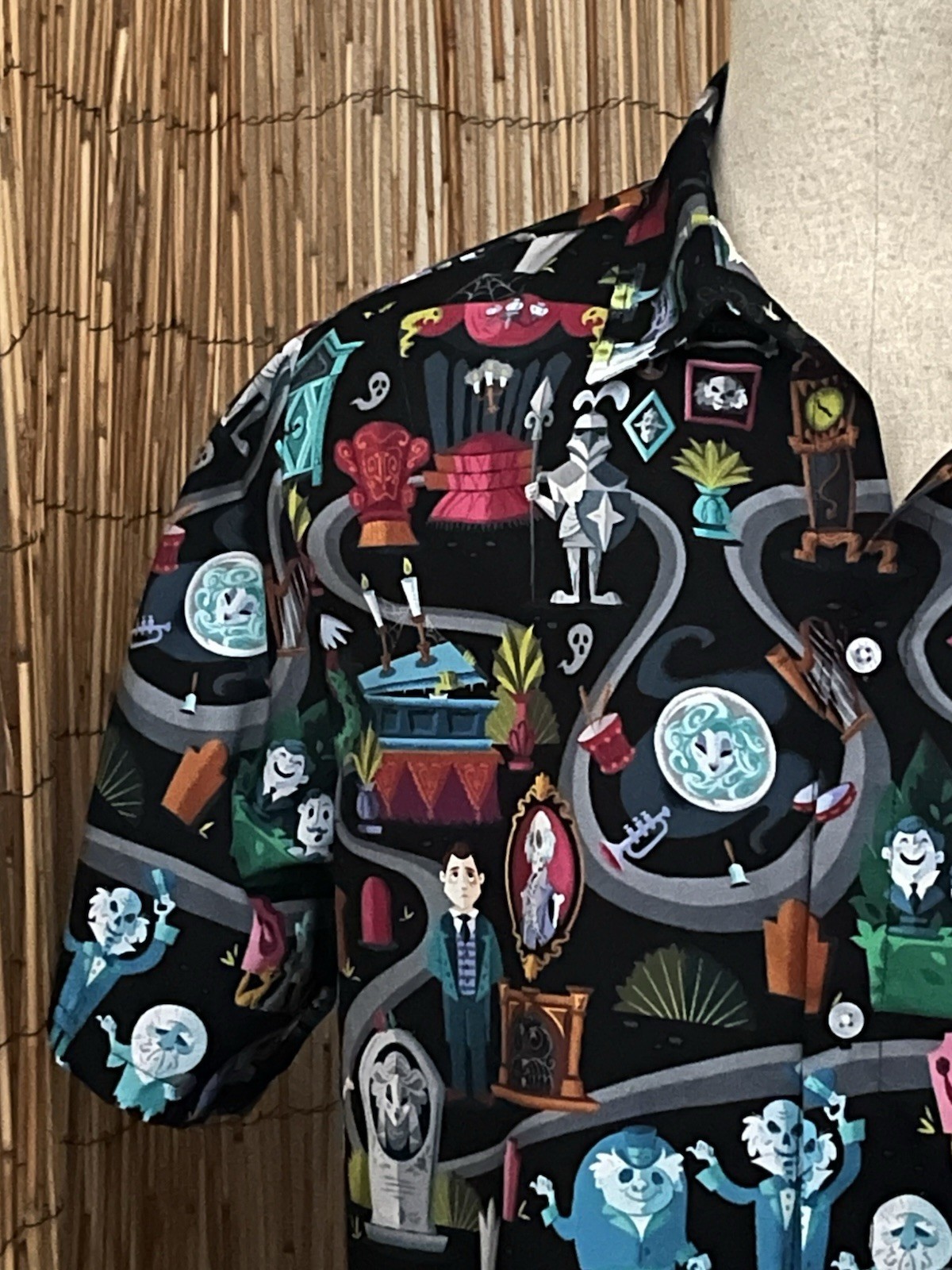 Garment One Mens SS Button Up Haunted Mansion Themed Shirt-Medium-Poly Spandex