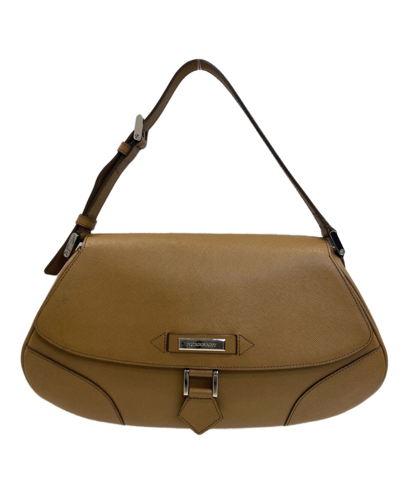 Burberry Logo Plate Brown Shoulder Bag Women Silver Auth
