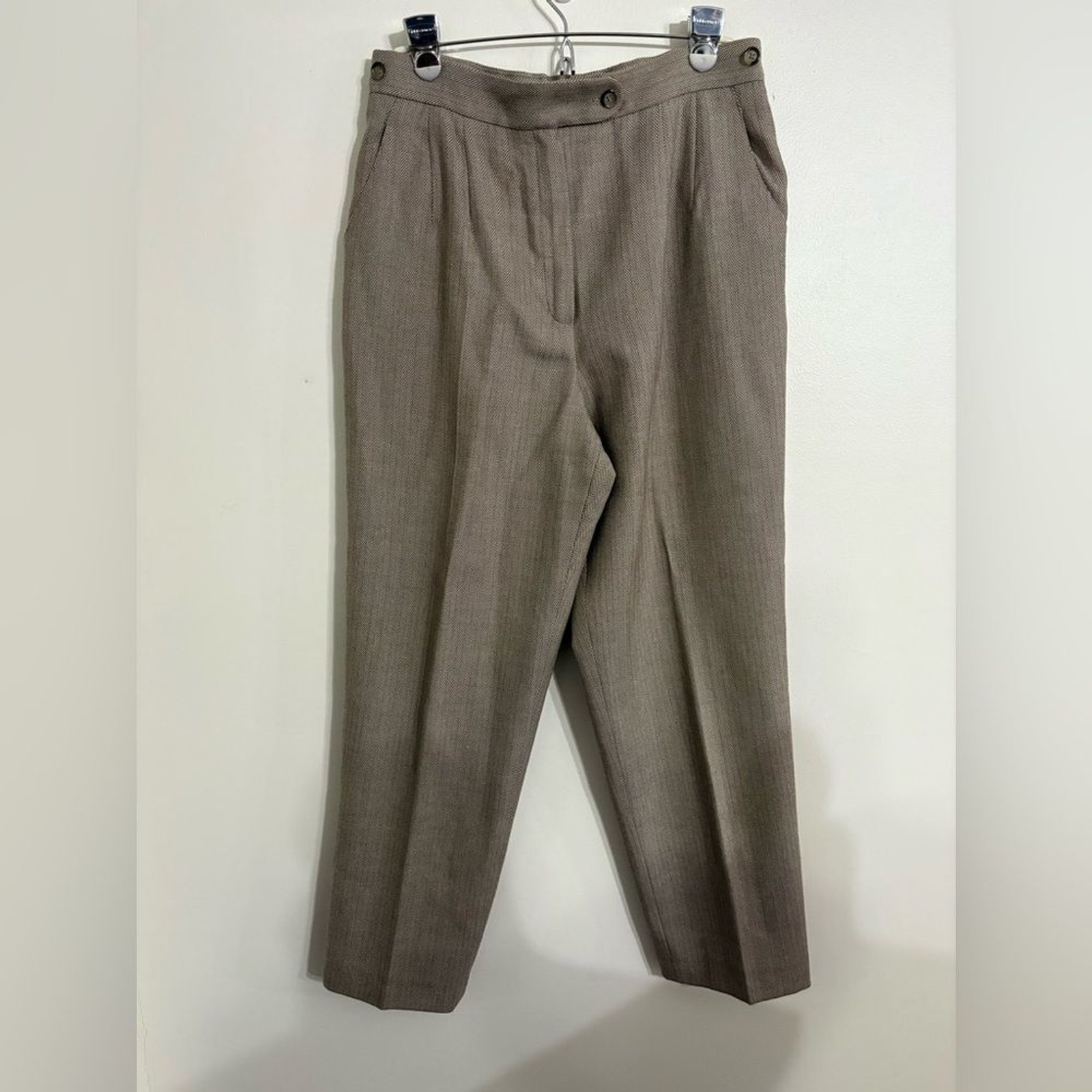 Harvé Benard Sport 100% Wool Beige Herringbone 2-Piece Pant Suit SIZE 12