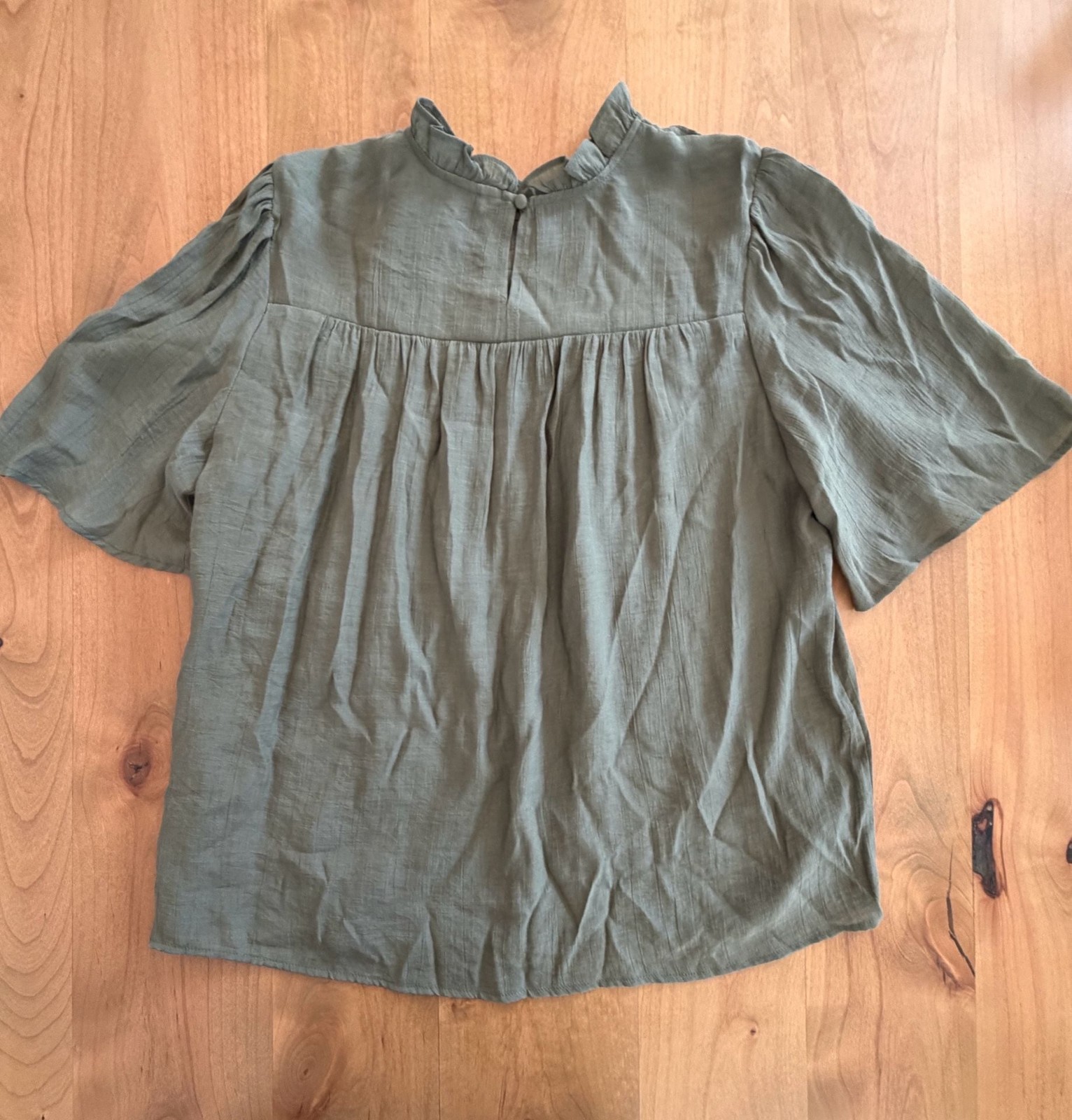 Nanette Lepore Olive Green Pleated Lace Trim Babydoll Blouse Large