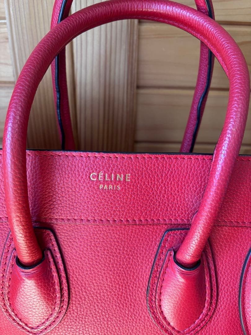 CELINE Micro Luggage Tote Bag Red Grained Drummed Calfskin Leather Handbag