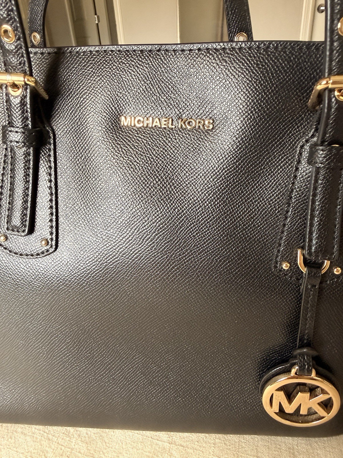 Michael Kors Black Tote Zip Double Handles Lined Inner Pockets Gold MK Charm
