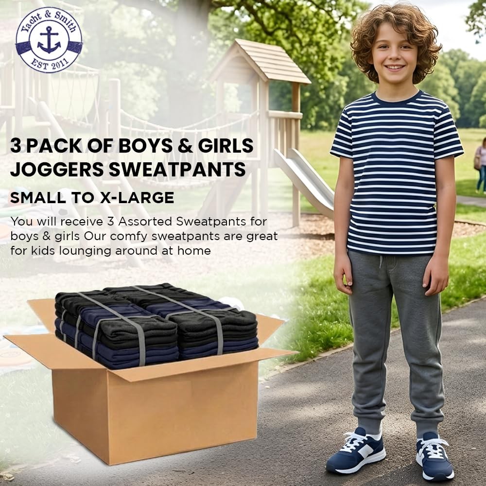 Yacht & Smith 3 Pack Boys Jogger Bulk Sweatpants, Comfy Lounge Joggers for Kids
