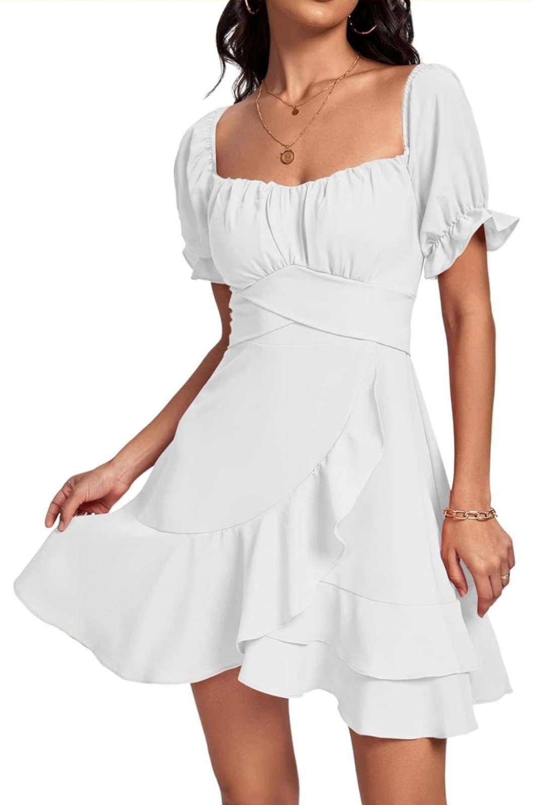 LYANER Women’s Square Neck Ruffle Mini Dress Off The Shoulder Short Sleeve Sz L