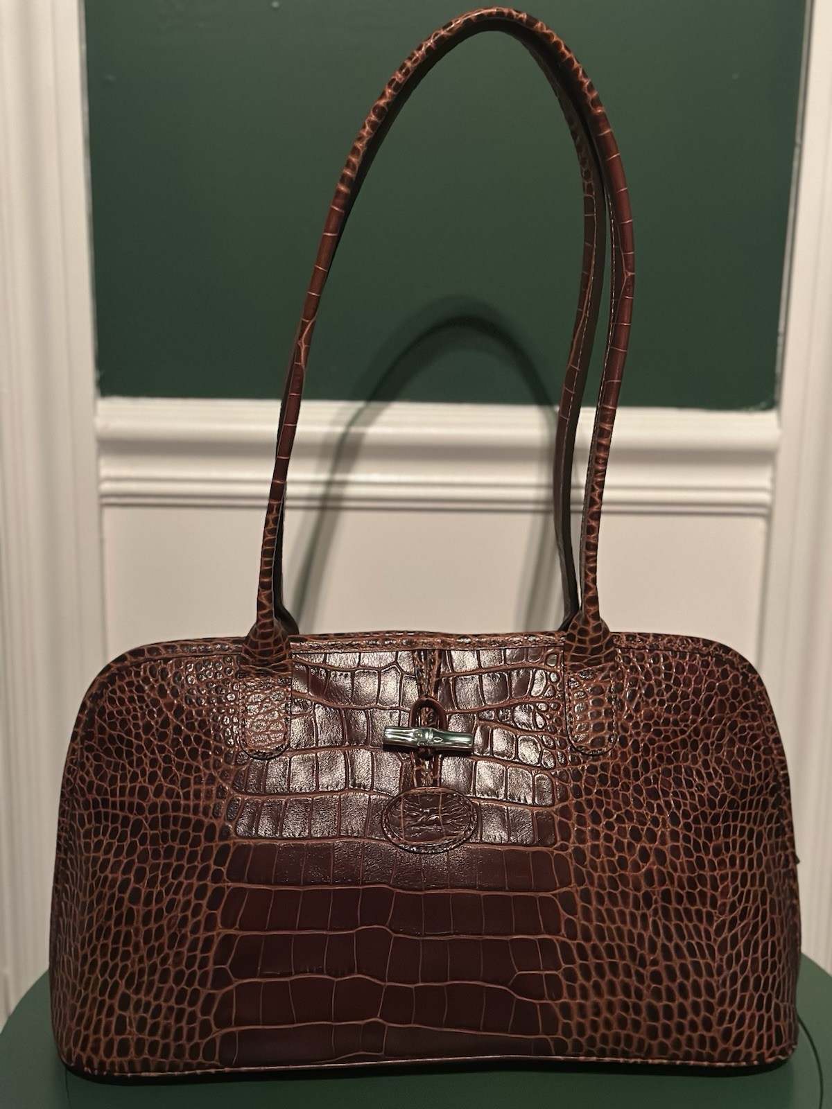 Vintage Longchamp, Roseau, Medium Tote, Brown Crocodile Pattern, Dbl Zip