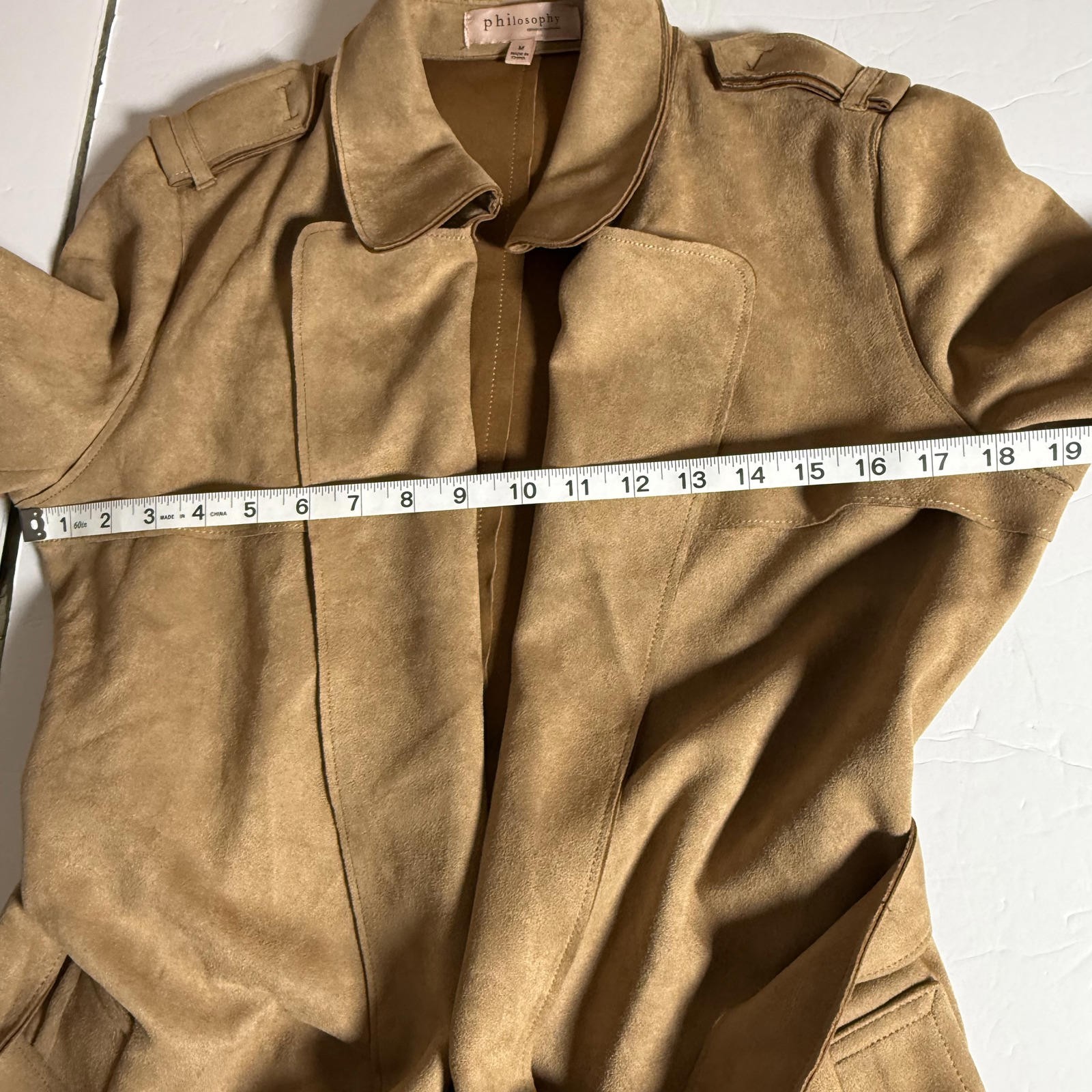 Philosophy Faux Suede Tan Trench Coat with Belt SZ M. Y2K Trendy Career wear