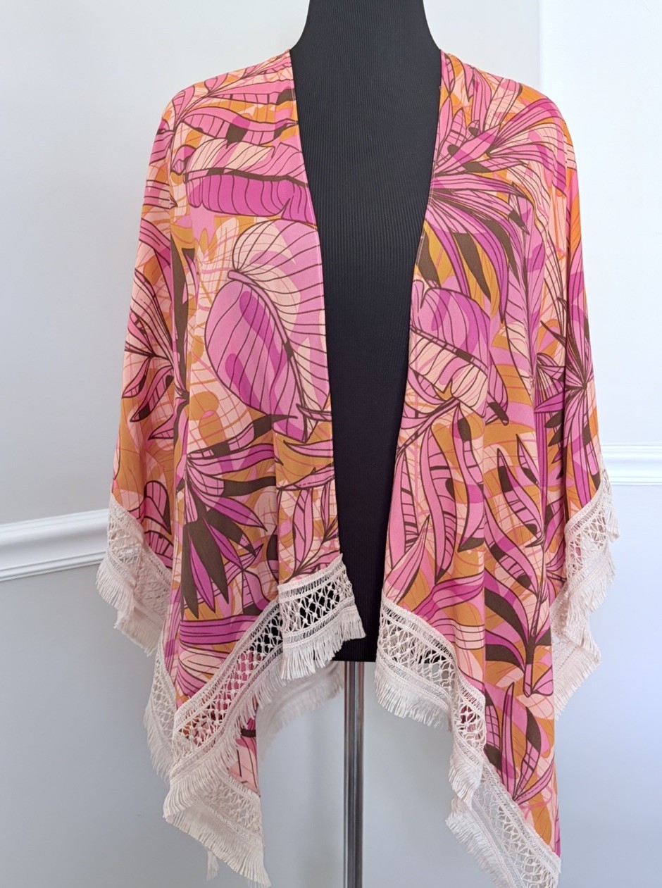 Womens Boho Floral Print Fringe Crochet Trim Open Ruana Duster Kimono One Size