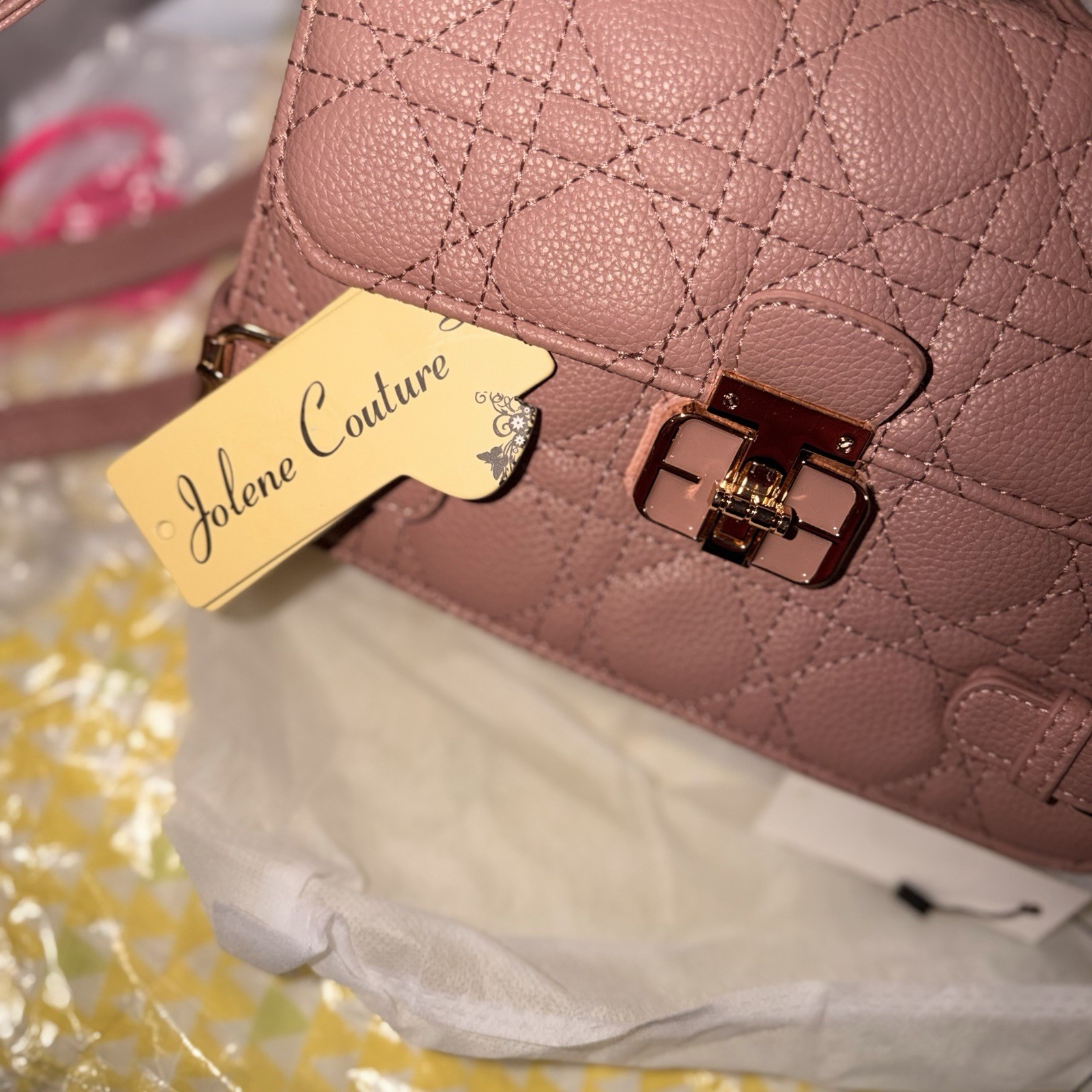 Jolene Couture Pink Quilted Satchel Top Handle Bag Buckle Accent Turn Lock