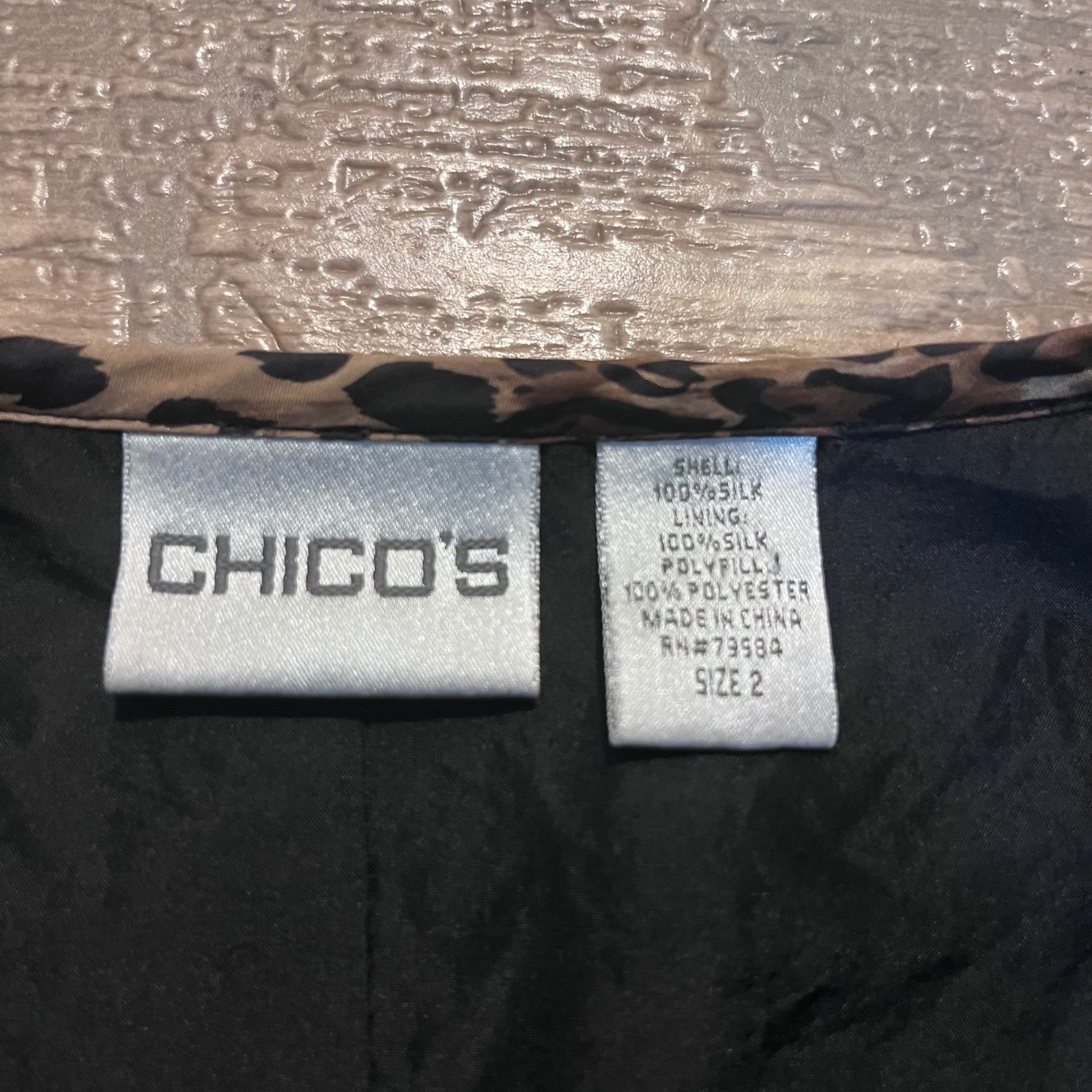 Chico’s 100% Silk Leopard Print Eyelash Textured Open Front Jacket Brown Sz Lg