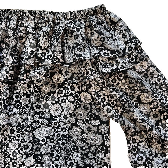 Michael Kors Women’s Black & Aluminum Gray Floral Print Off-the-Shoulder Blouse