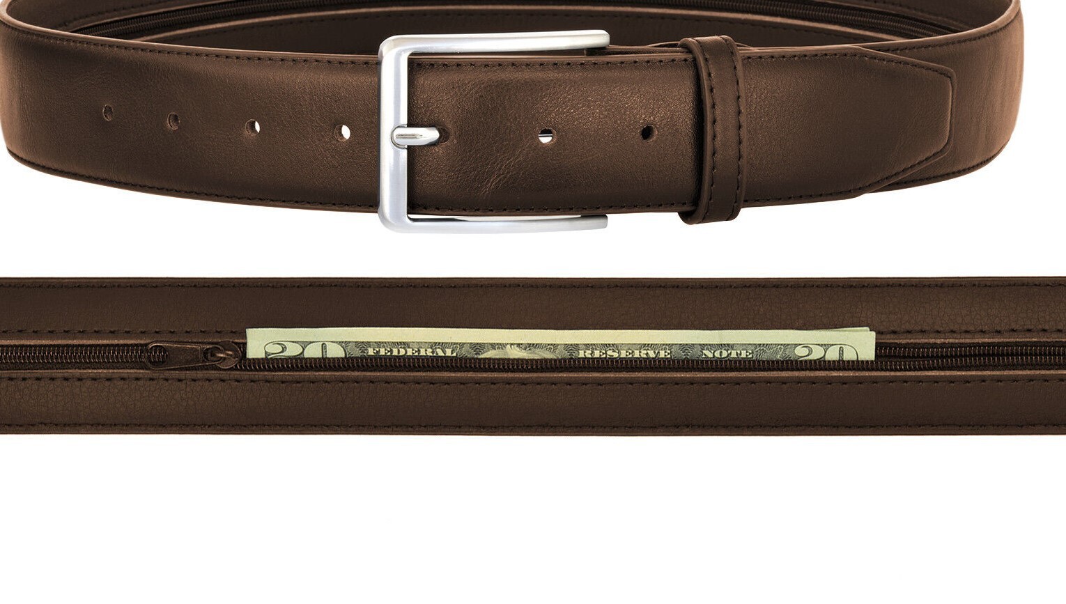 Genuine Leather Men Casual Money Zipper Safe Dark Brown Belt S M L XL. 1.1/4″ W