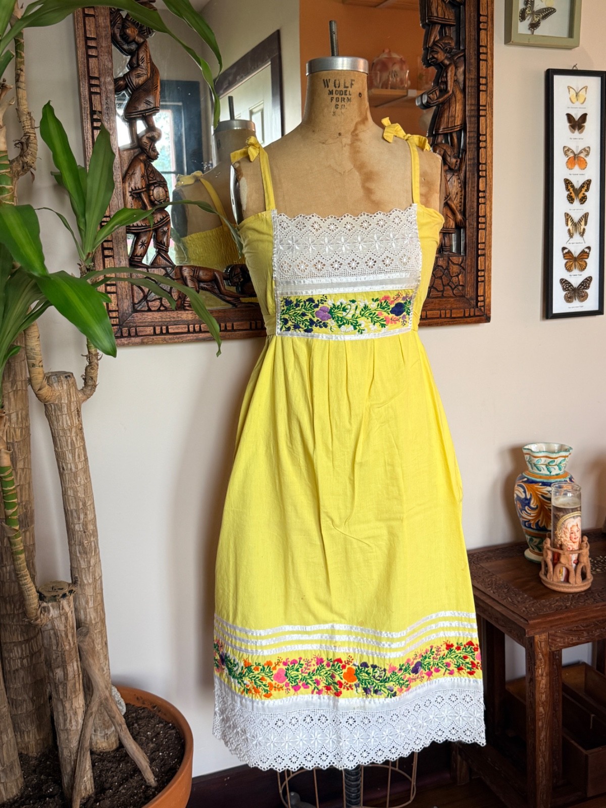 Vintage Yellow Mexican Flower Lace Boho Embroidered Cotton Sundress M *STAINS*