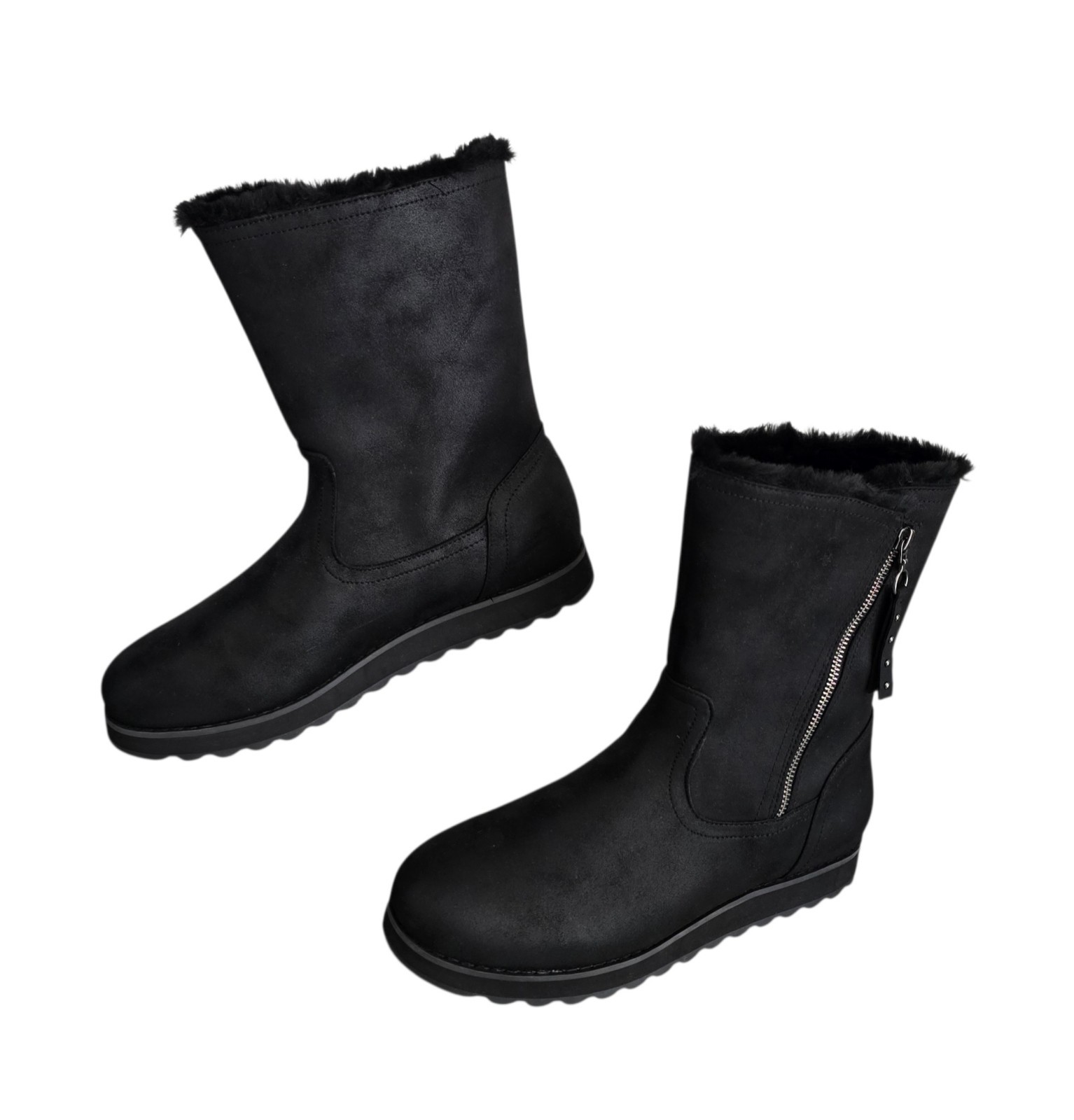 Skechers Keepsake Boots Womens Size 11 Black Faux Leather Faux Fur Side Zip