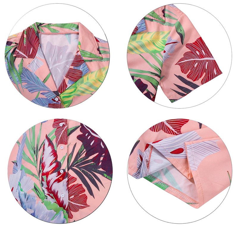 Women Funky Hawaiian Shirt Blouse Frontpocket Leaves Flowers Pineapple Print Tee