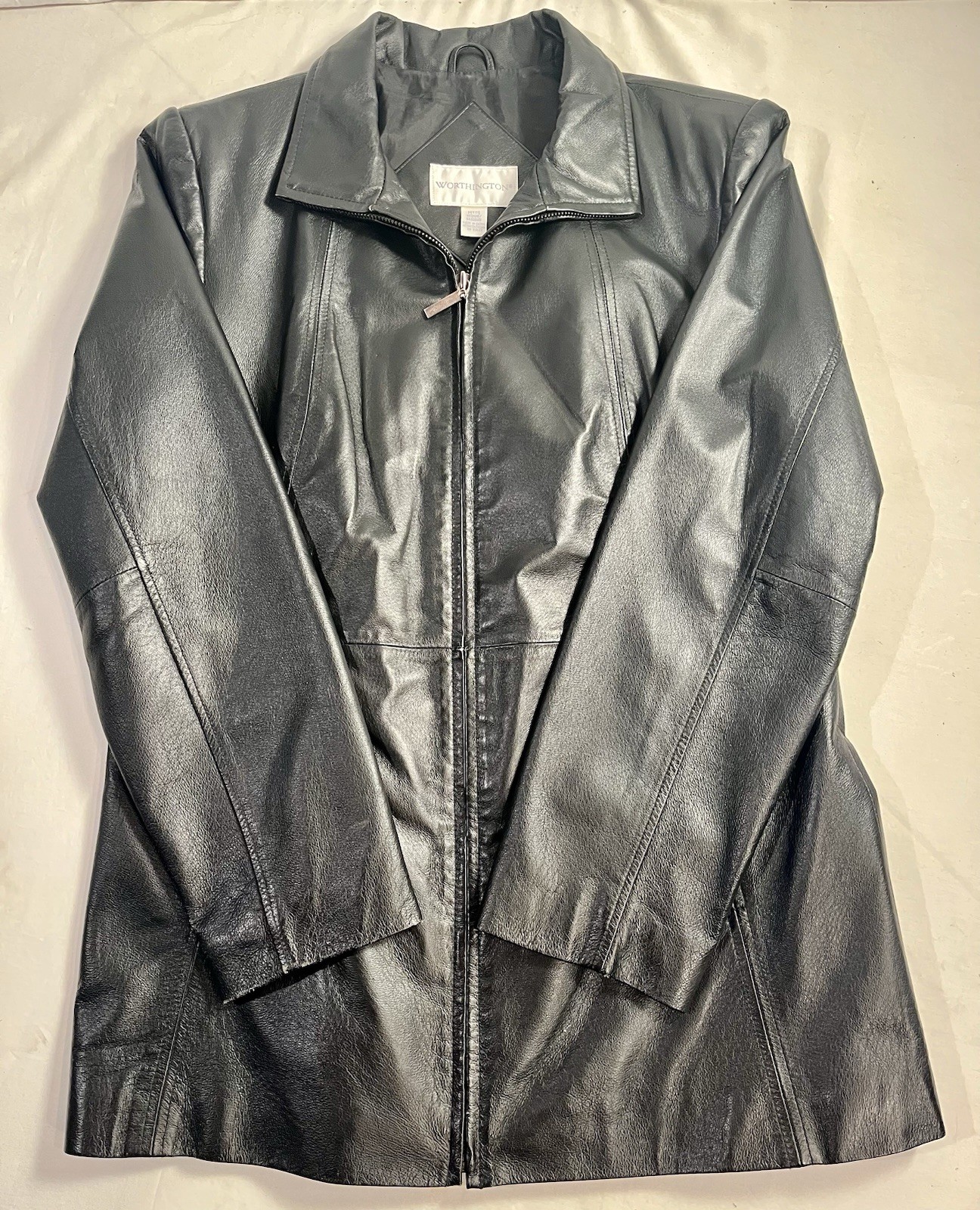 Worthington Womens Black Leather Jacket Belted Lined Biker Petite Medium Grunge