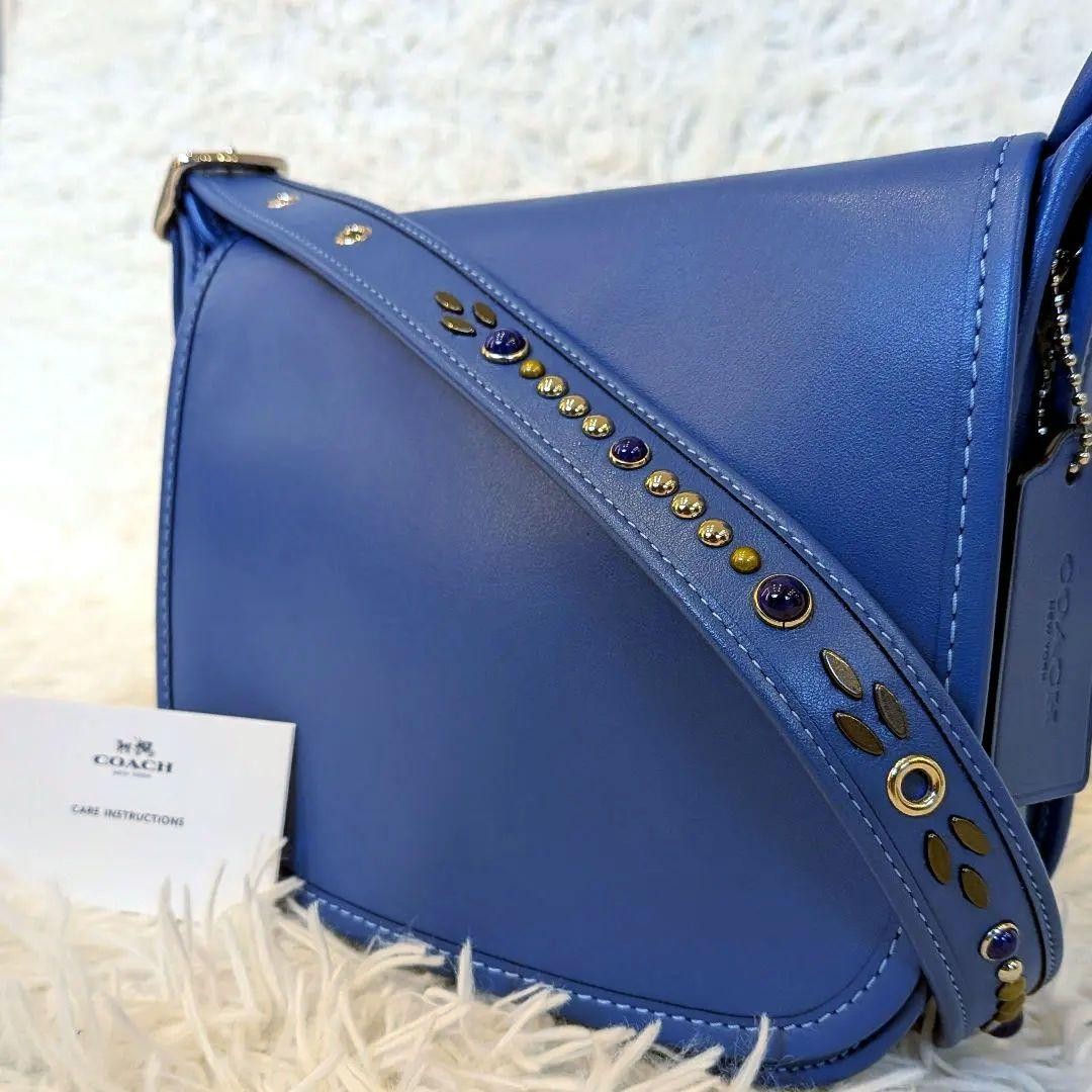 Coach Blue Studded Leather Shoulder Bag 8.3×7.9×3.1in Used