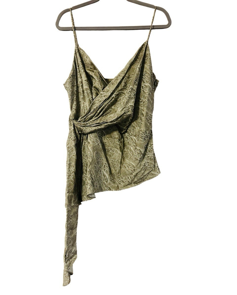 Zara Sage Green Jacquard Wrap Cami Top Asymmetrical Tie Leaf Print L