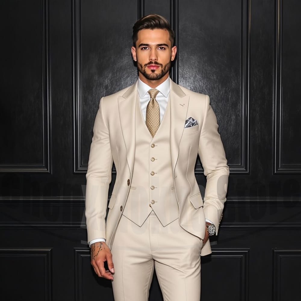 Peak Lapel 3Pcs Men’s Suits Ivory Business Workwear Jacket Dinner Party Coat