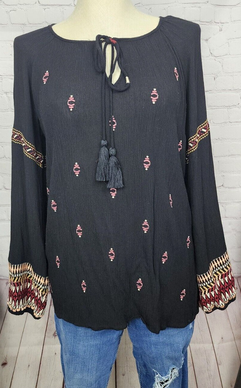 Sundance Blouse Tassels Embroidery Elastic Cuffs BOHO Western Peasant Tribal M
