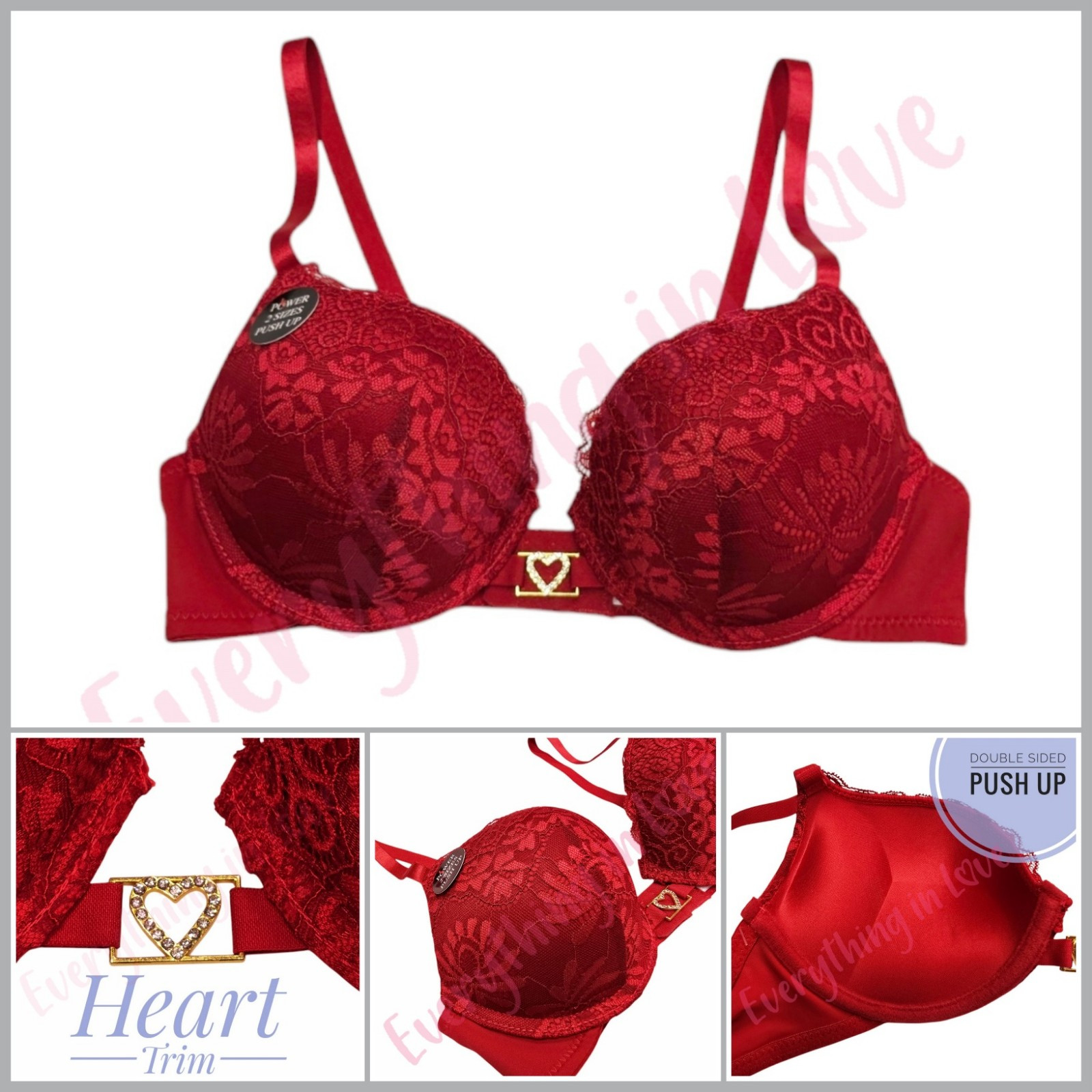 Add 2 Cup Sizes Extreme Ultimate Padding Lace Heart Trim Sexy Red Push Up Bra