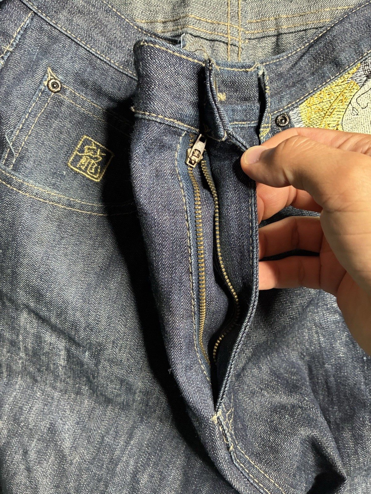 Vtg Martin Ksohoh Style Embroidered 38×34 Denim Jeans Wide Leg Baggy Broken Zip