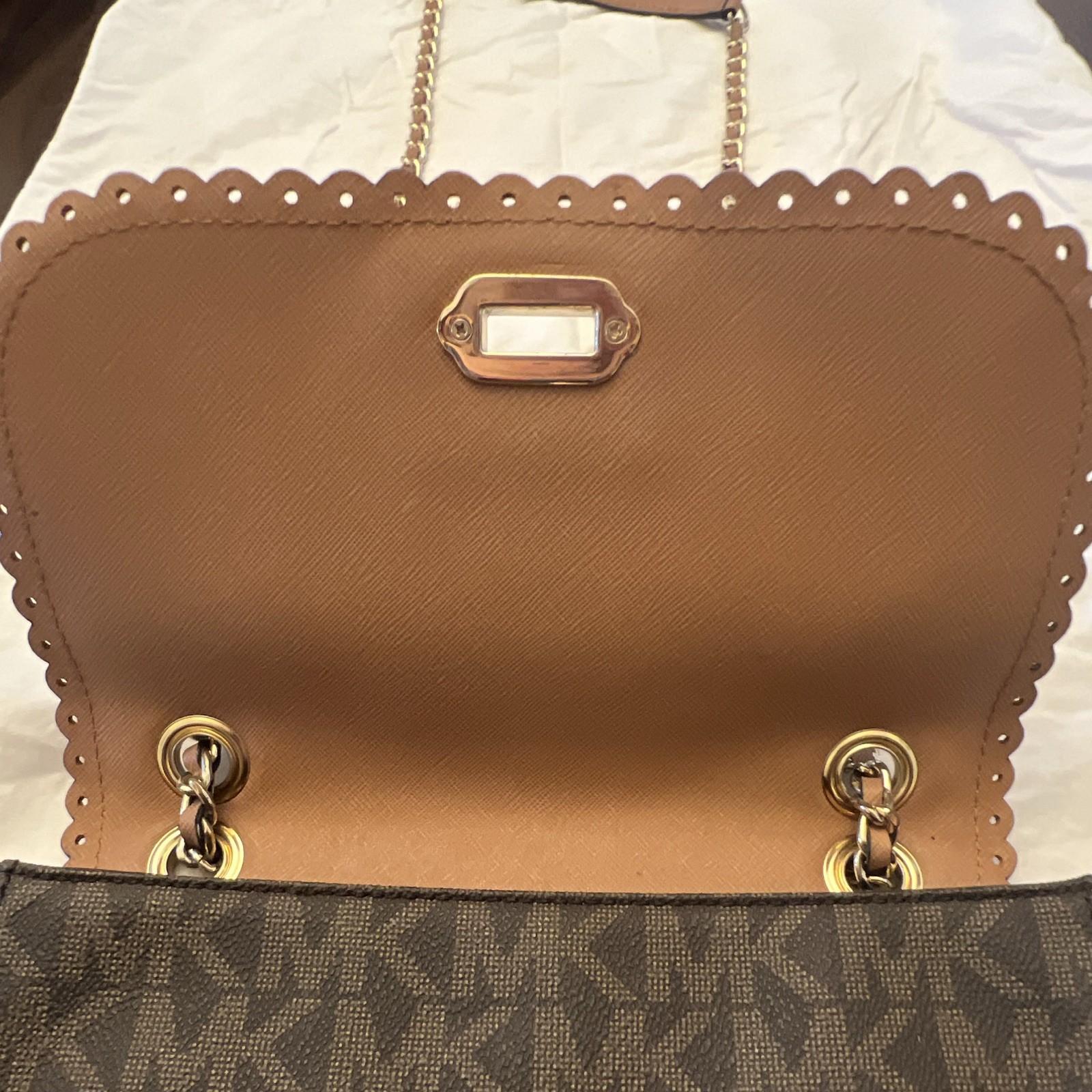 Michael Kors MK Logo Brown Chain Strap Convertible Crossbody Flap, Push Lock