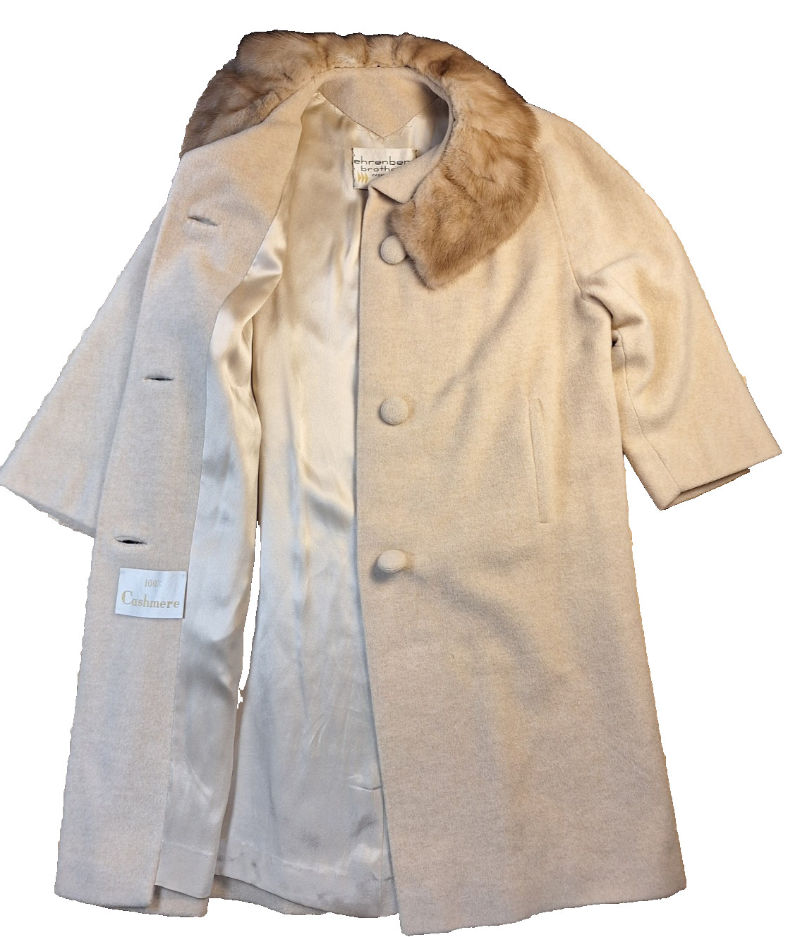 Ehrenberg Bros Womens Sz 14? 100% Cashmere Coat Real Fur Collar Lt Tan Button Up