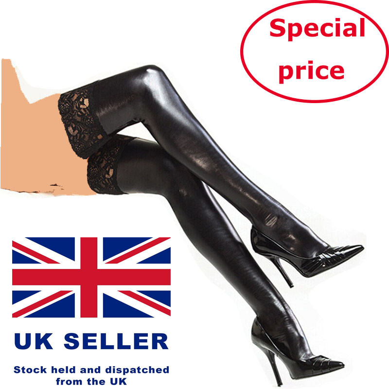 Womens PVC Latex Leather High Stockings Wet Look Shiny Thigh-High Socks Clubwear